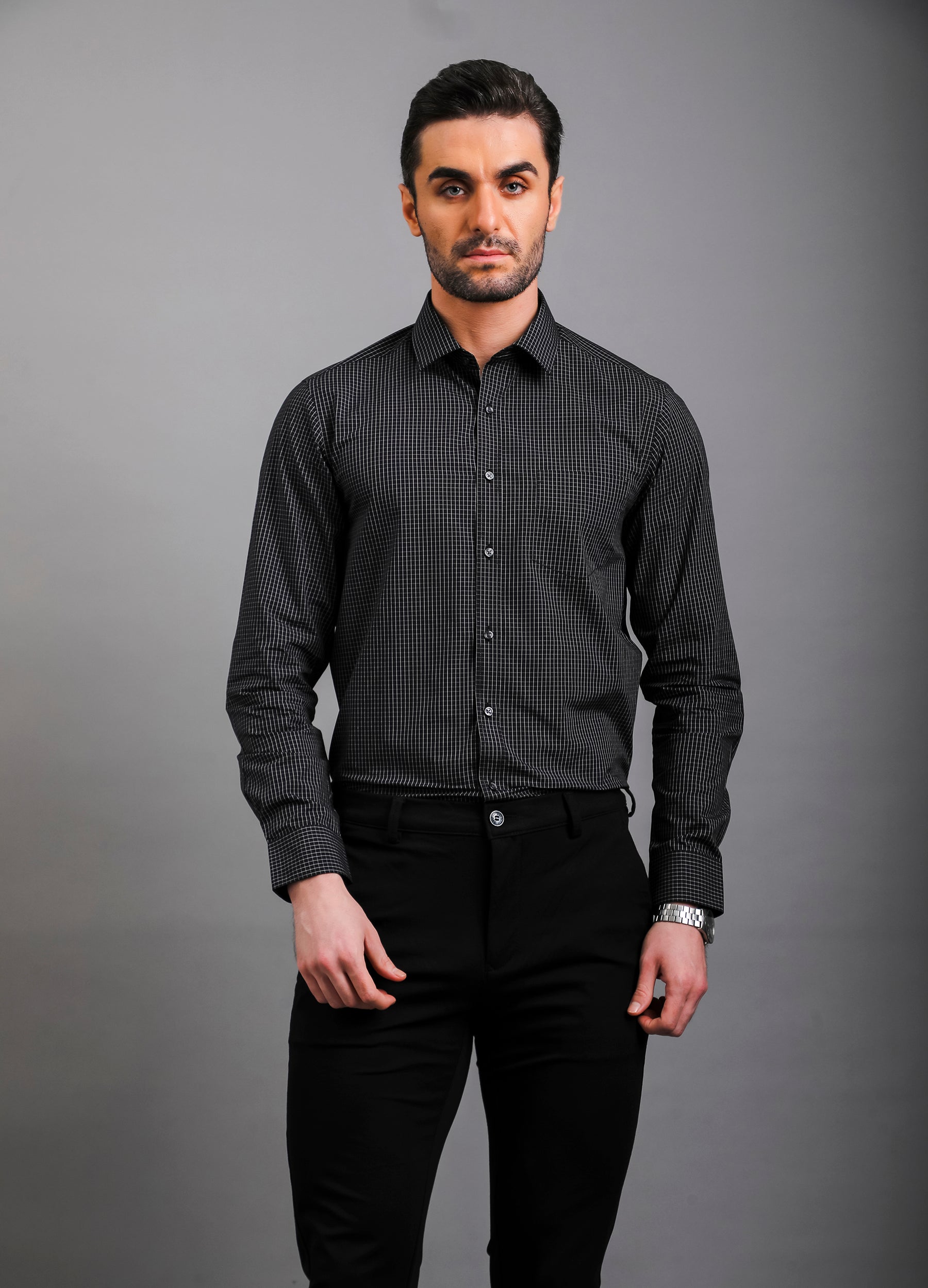 Point Collar Two Tone Yarn Dyed Graph Checks Shirt - Black