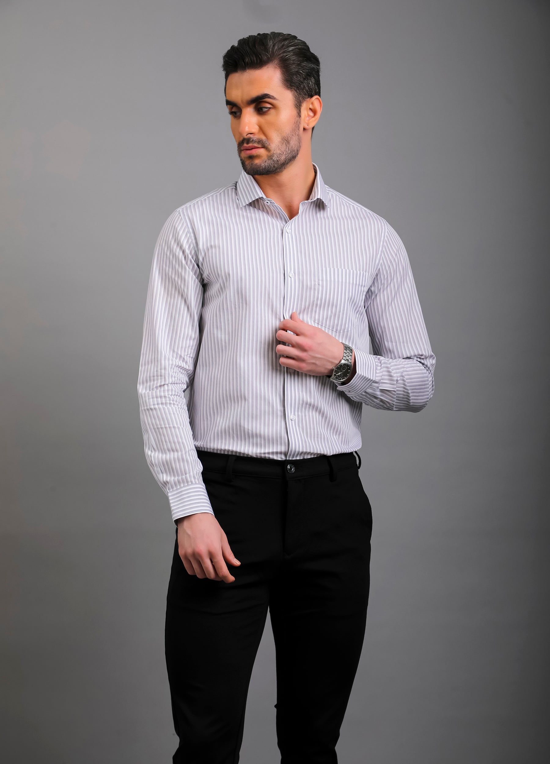 Point Collar Two Colour Yarn Dyed Stripes - Grey