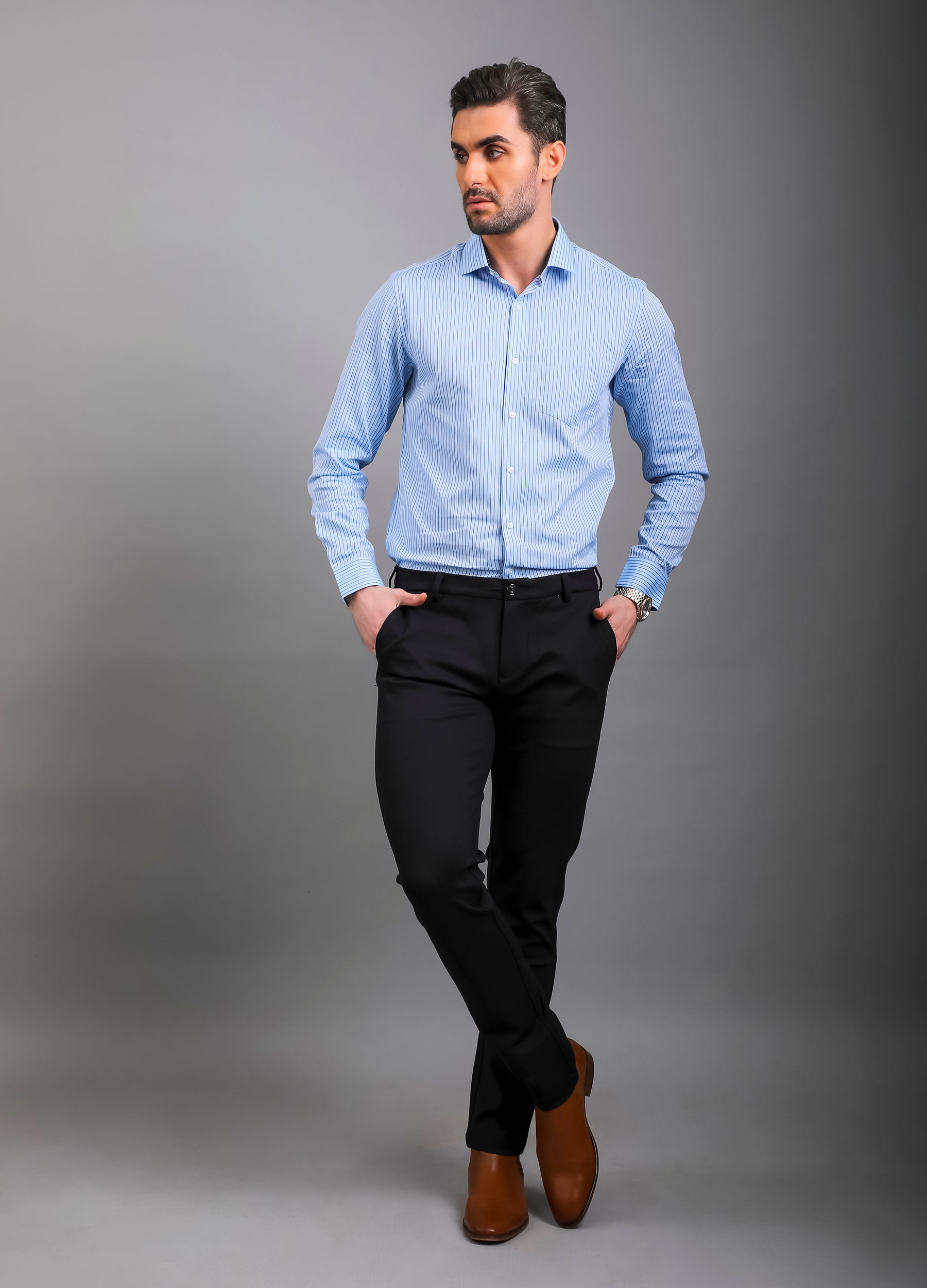 Point Collar Yarn Dyed Diamond Weave Stripe Shirt - Blue