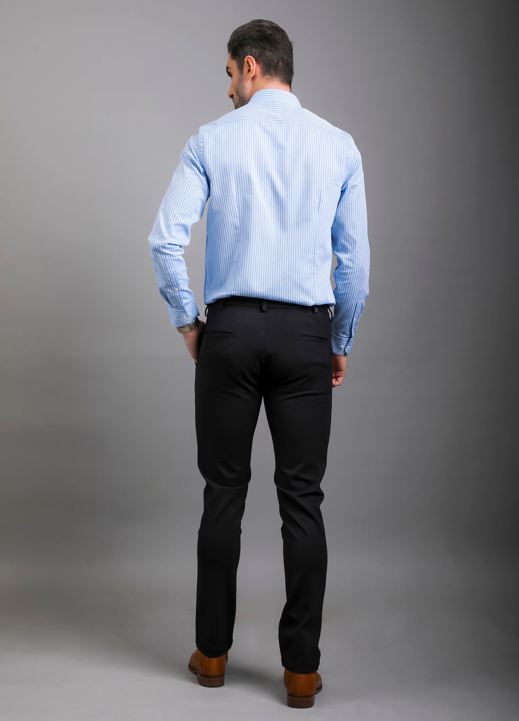 Point Collar Yarn Dyed Diamond Weave Stripe Shirt - Blue