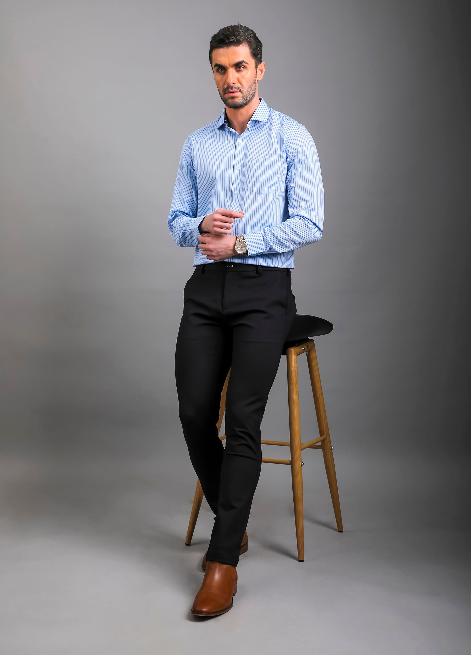 Point Collar Yarn Dyed Diamond Weave Stripe Shirt - Blue