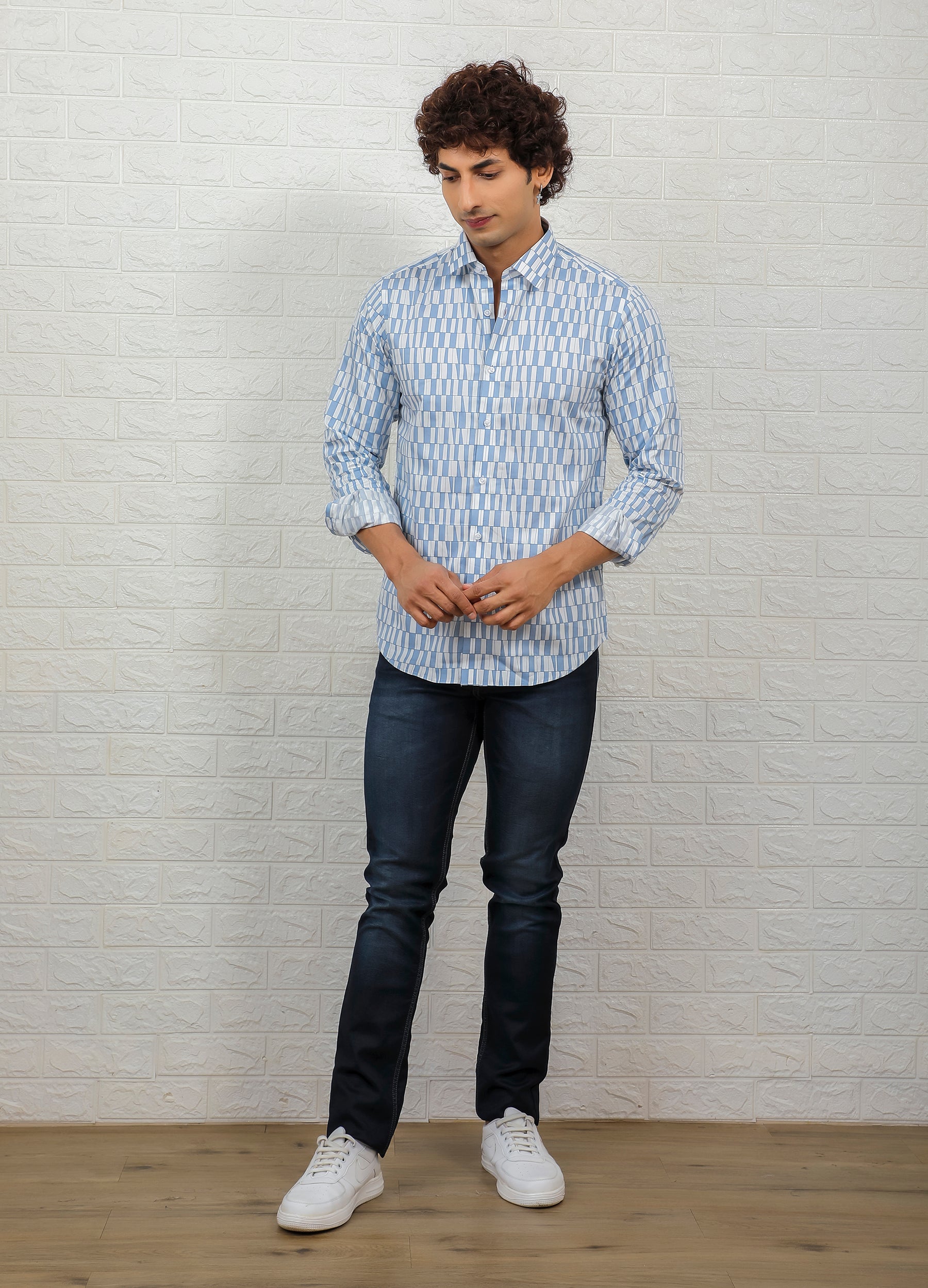 Cutaway Collar Satin Crew Print Shirt - Ruddy Blue