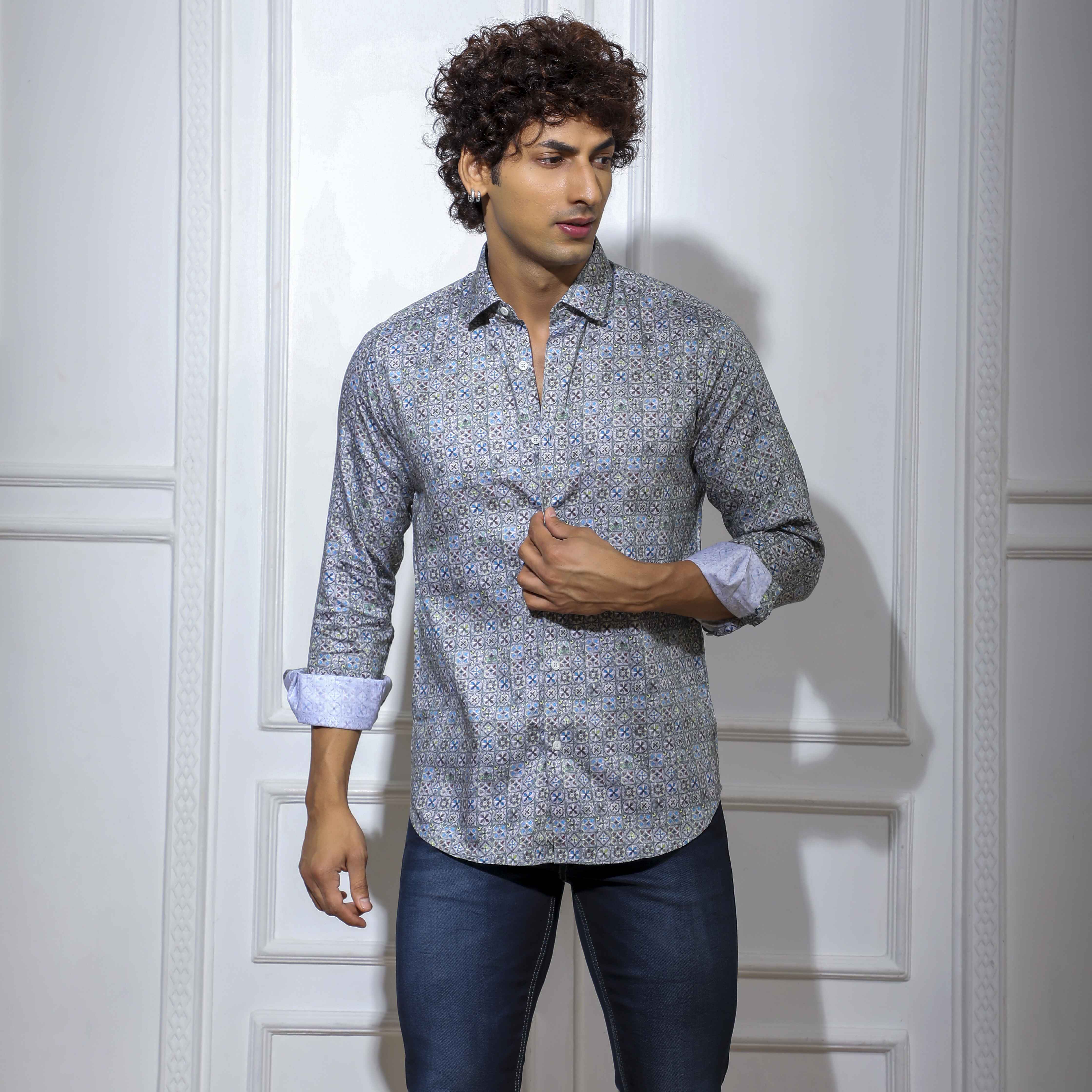 Leon: Satin Italian Print Shirt - Grey