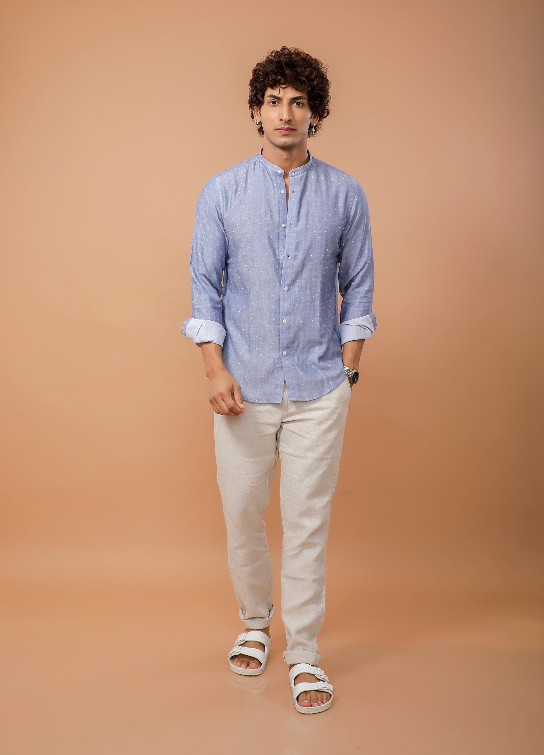 Band Collar Double Cloth Butta Dobby Shirt - Blue