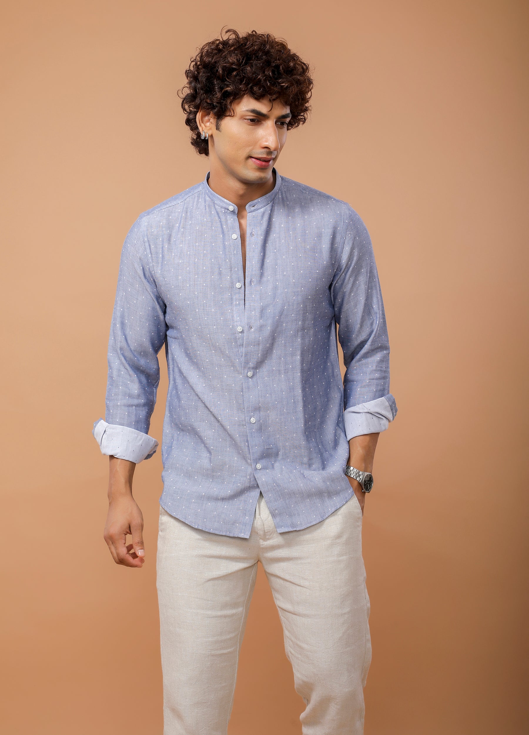 Band Collar Double Cloth Butta Dobby Shirt - Blue