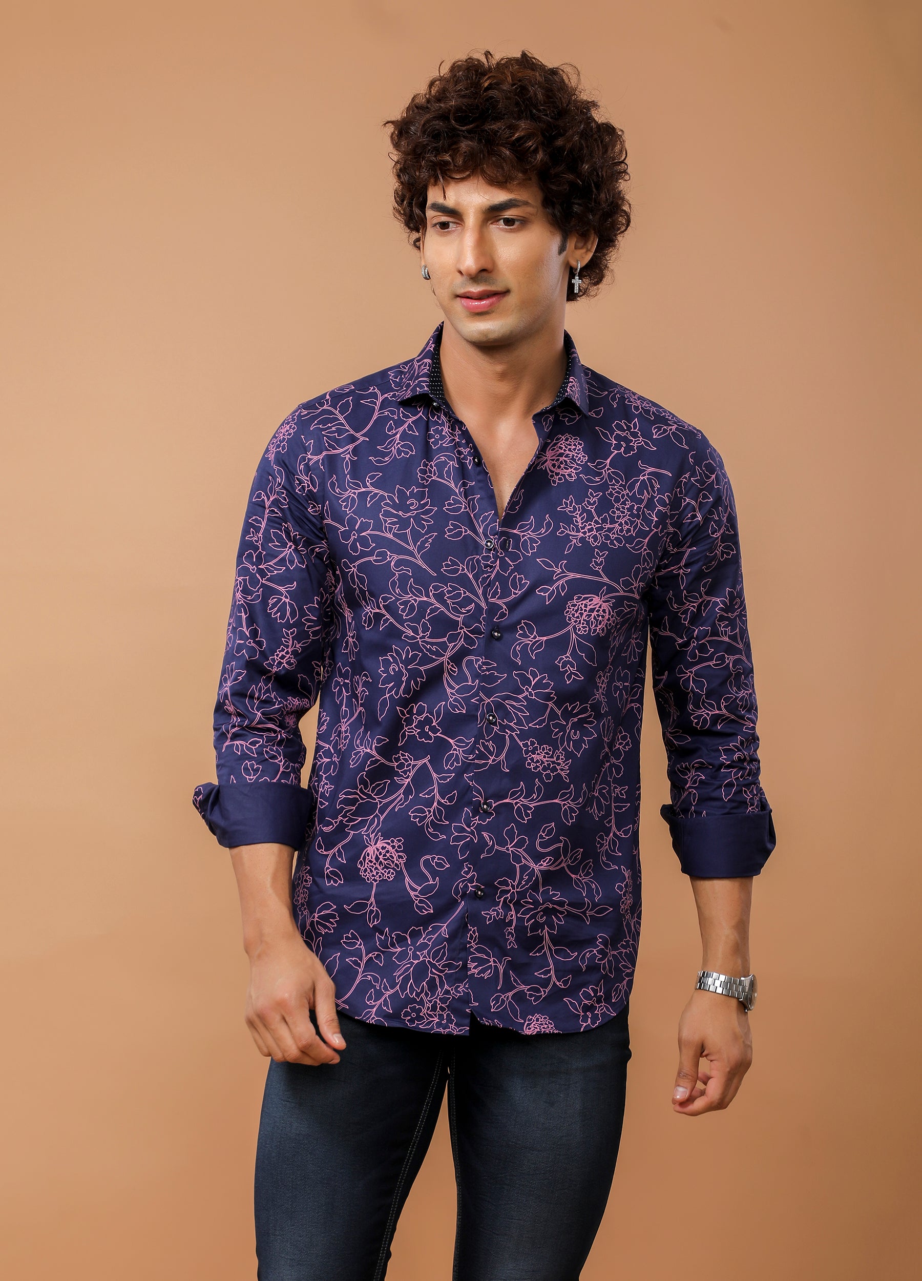 Grafi: Cutaway Collar Floral Print Club Shirt - Ribbon Blue