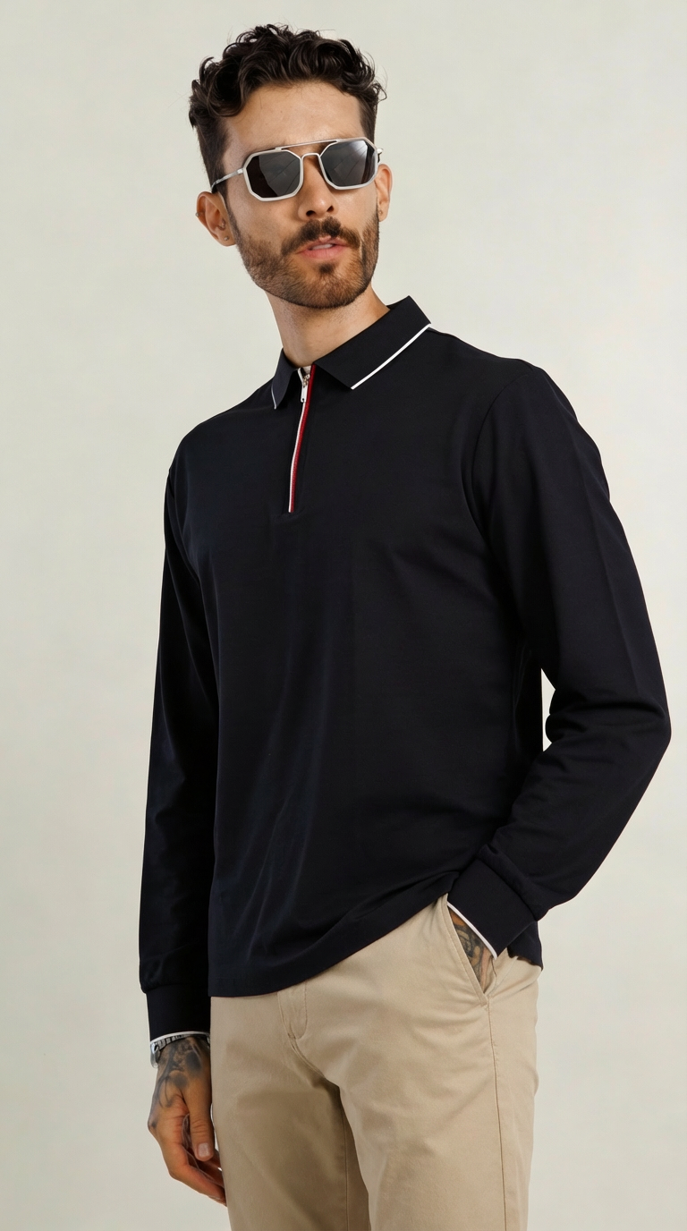 Modal-Stretch Zip Polo - Black