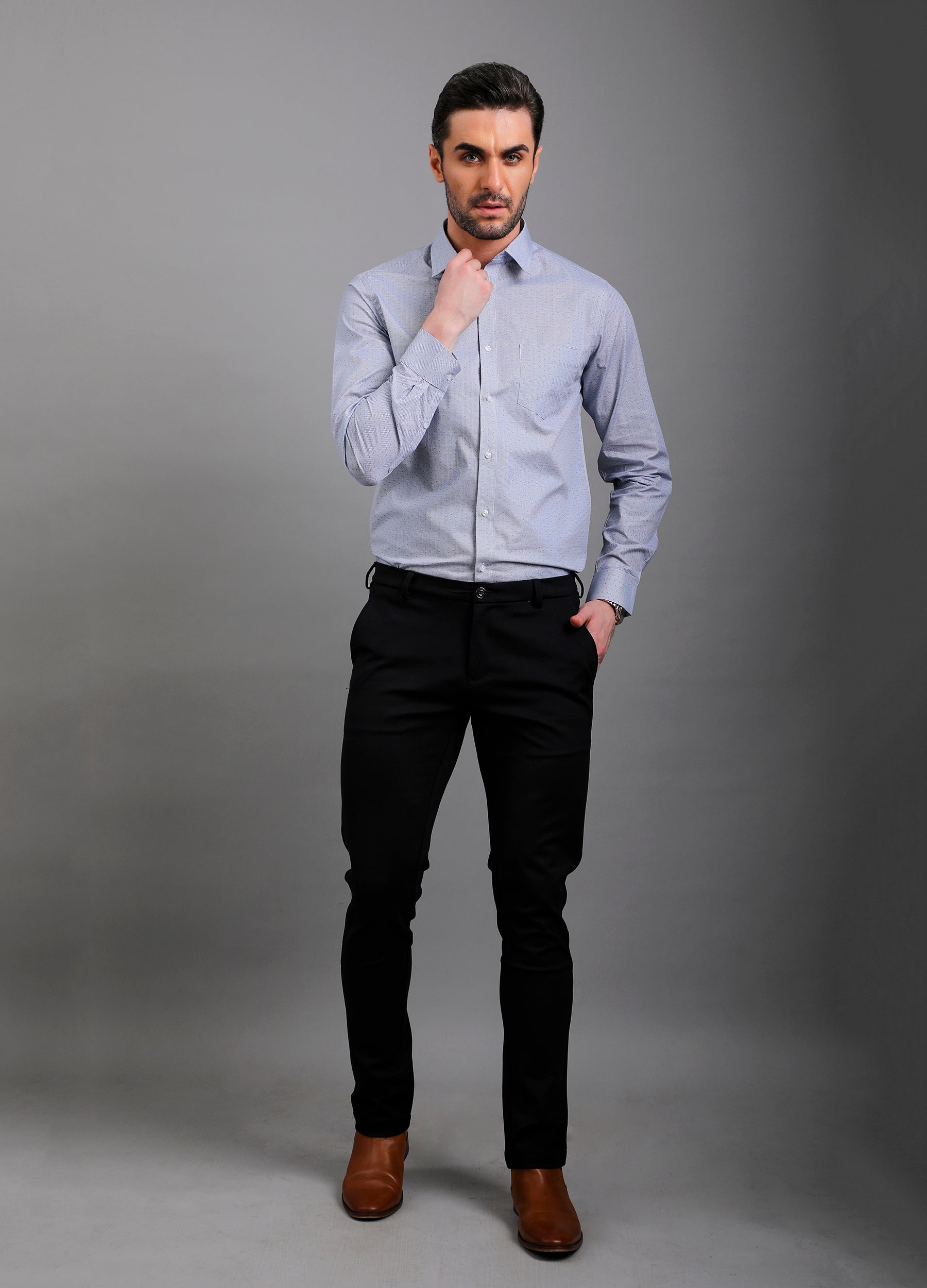 Point Collar Micro Checks Shirt - Blue Yonder