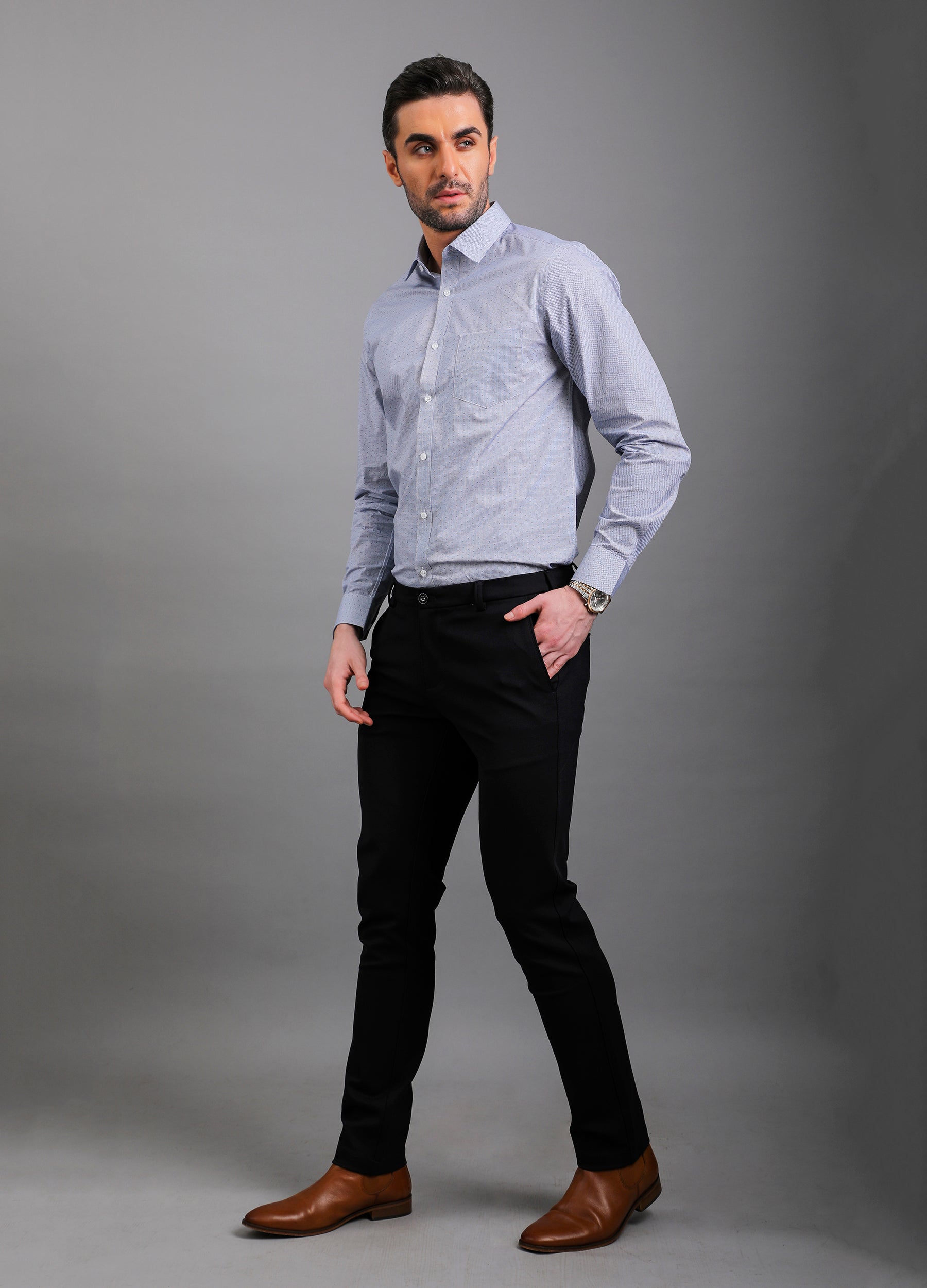 Point Collar Micro Checks Shirt - Blue Yonder