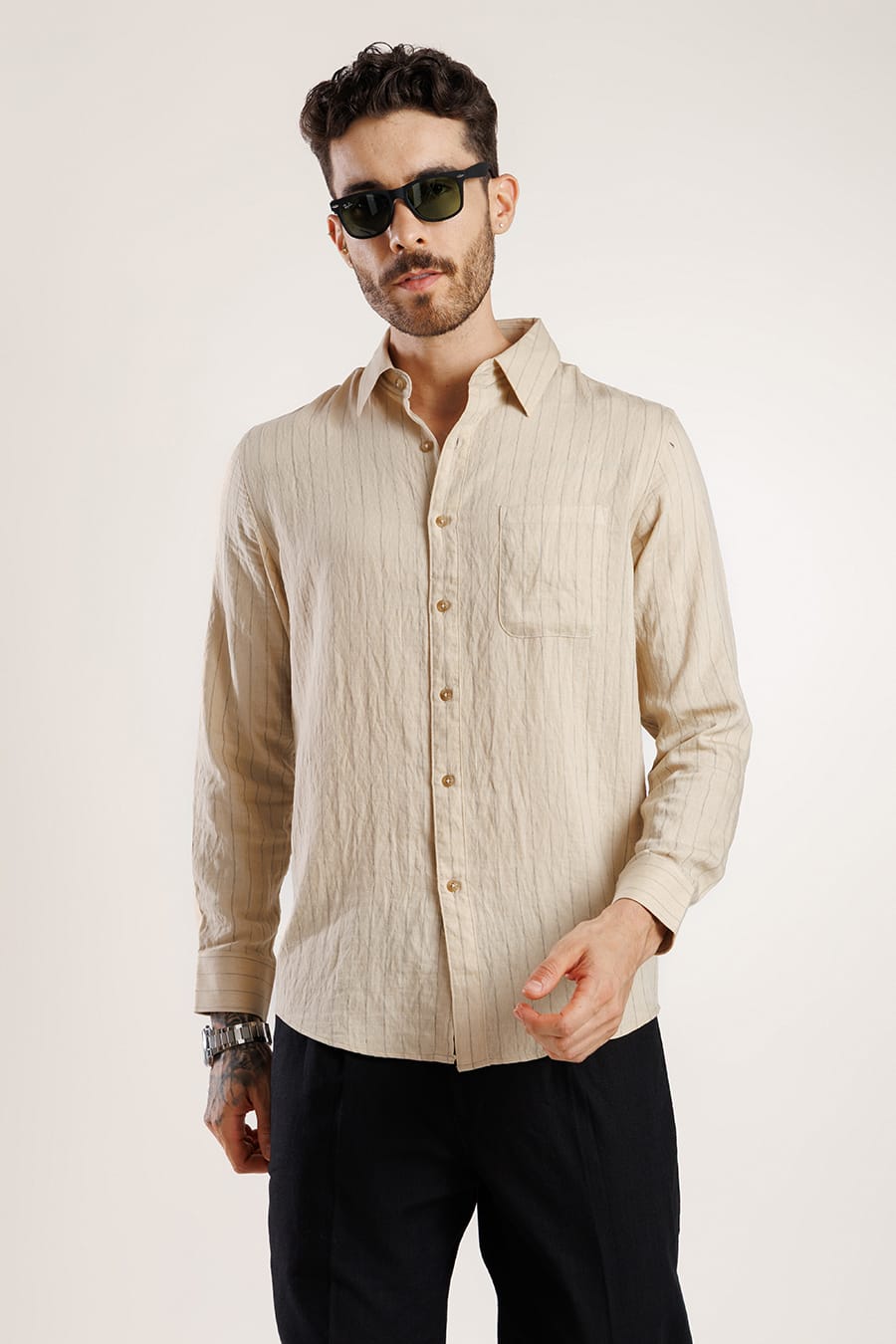 Hevò Men's Torre Lapillo Linen and Viscose Shirt Beige