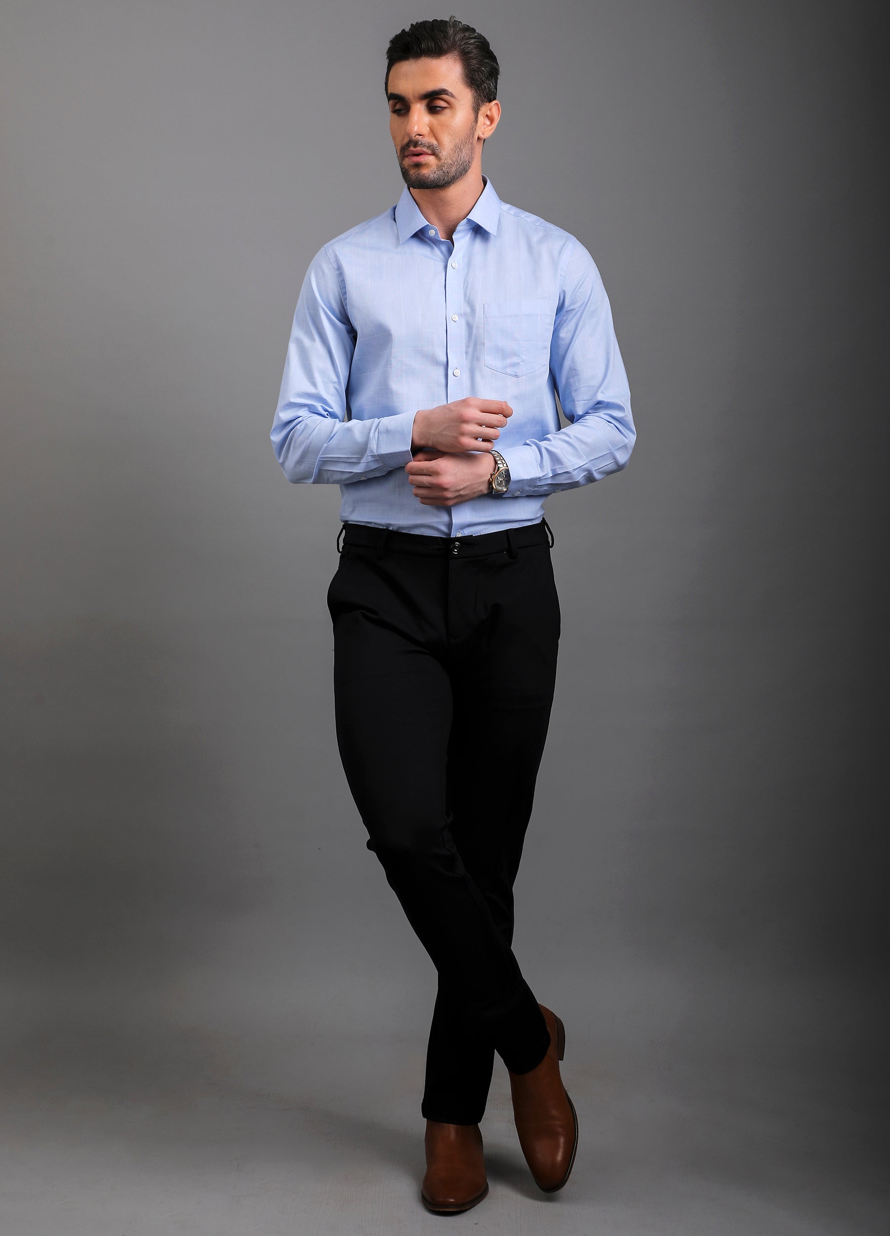 Point Collar Yarn Dyed Checks Shirt - Powder Blue