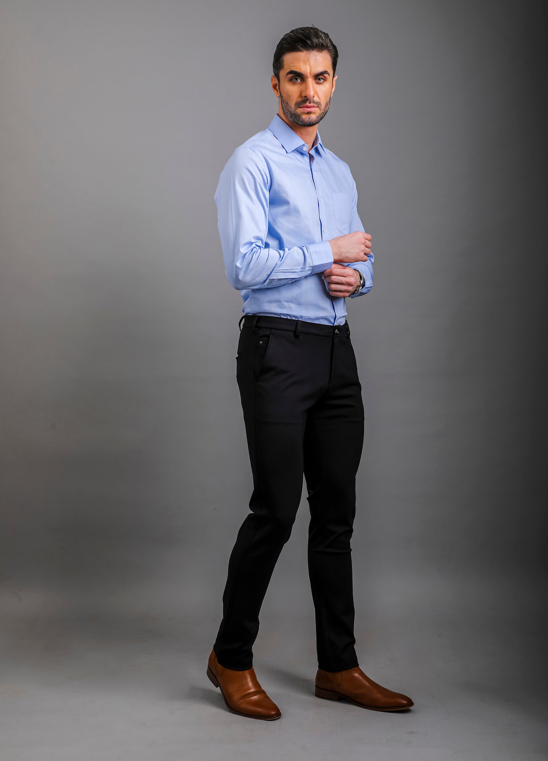 Point Collar Yarn Dyed Checks Shirt - Powder Blue