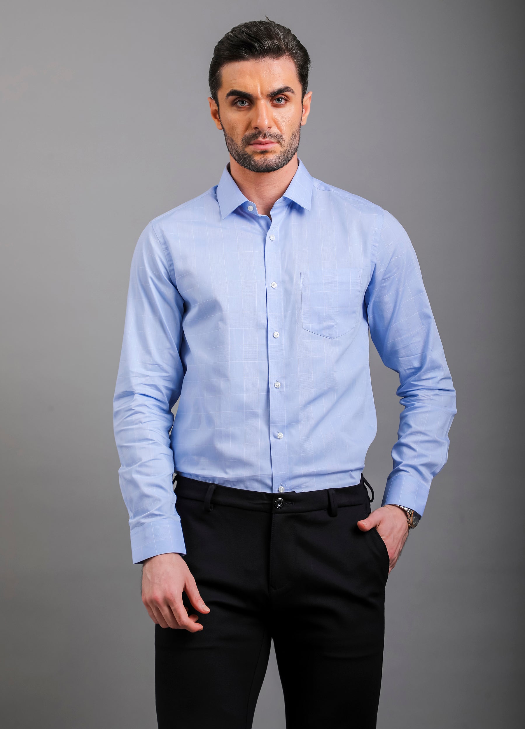 Point Collar Yarn Dyed Checks Shirt - Powder Blue