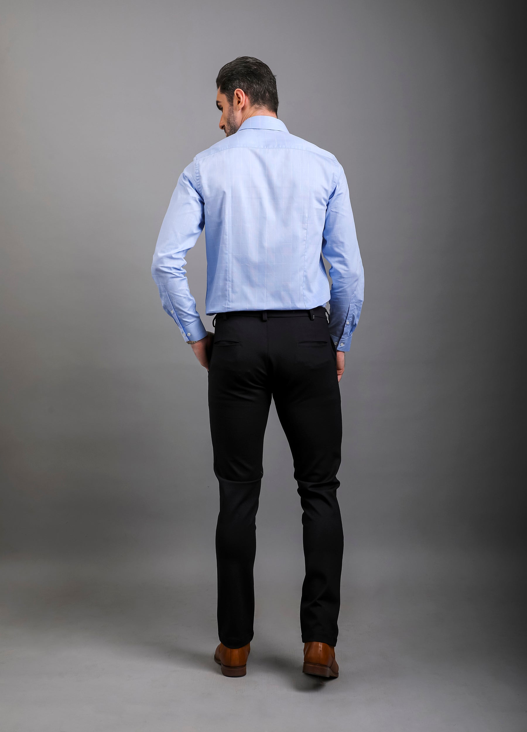 Point Collar Yarn Dyed Checks Shirt - Powder Blue