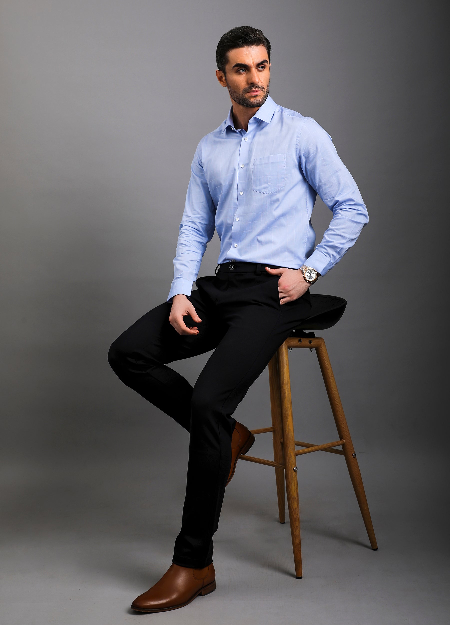 Point Collar Yarn Dyed Checks Shirt - Powder Blue