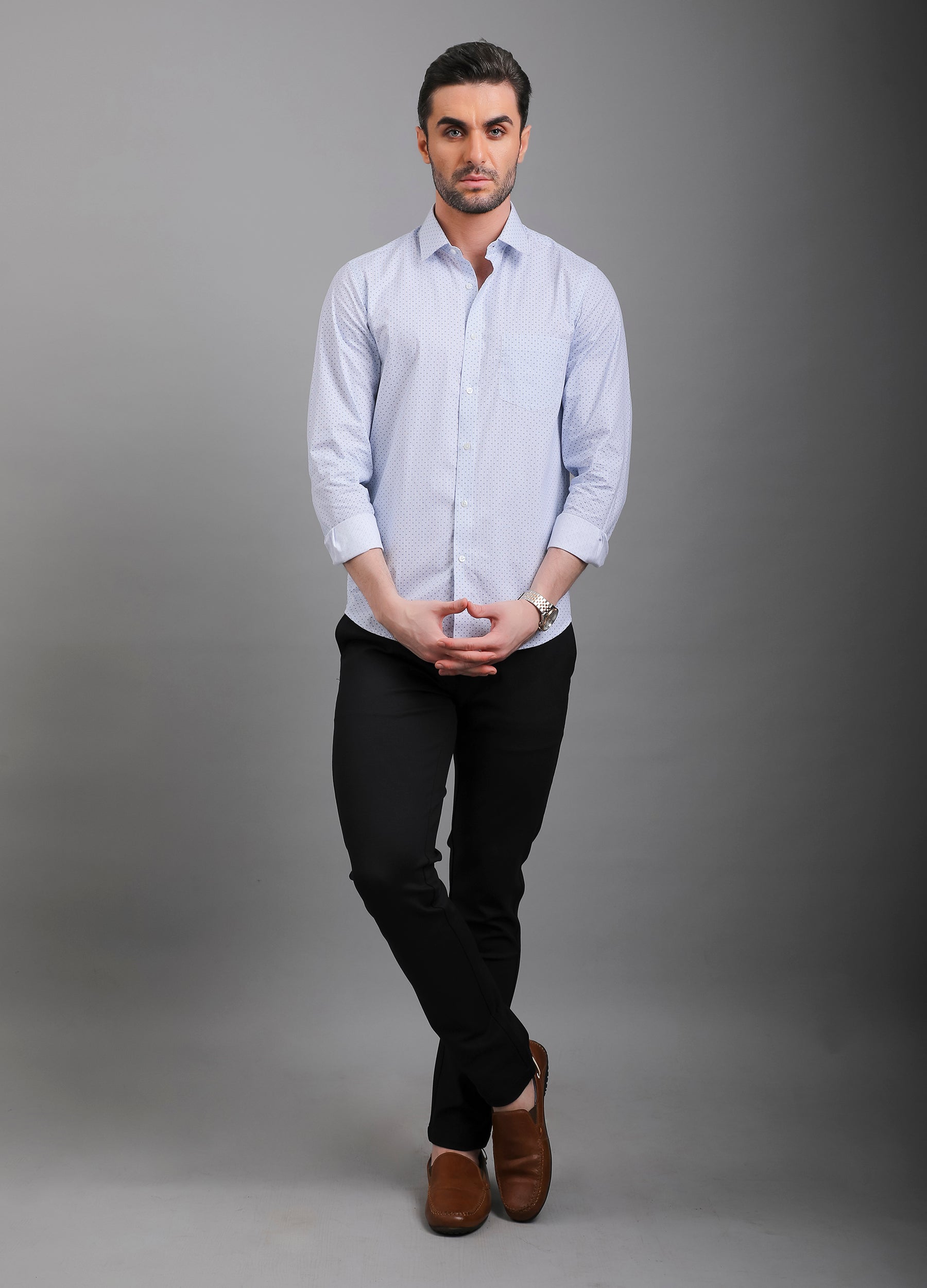 Point Collar Print Stripe Shirt - Uranian Blue