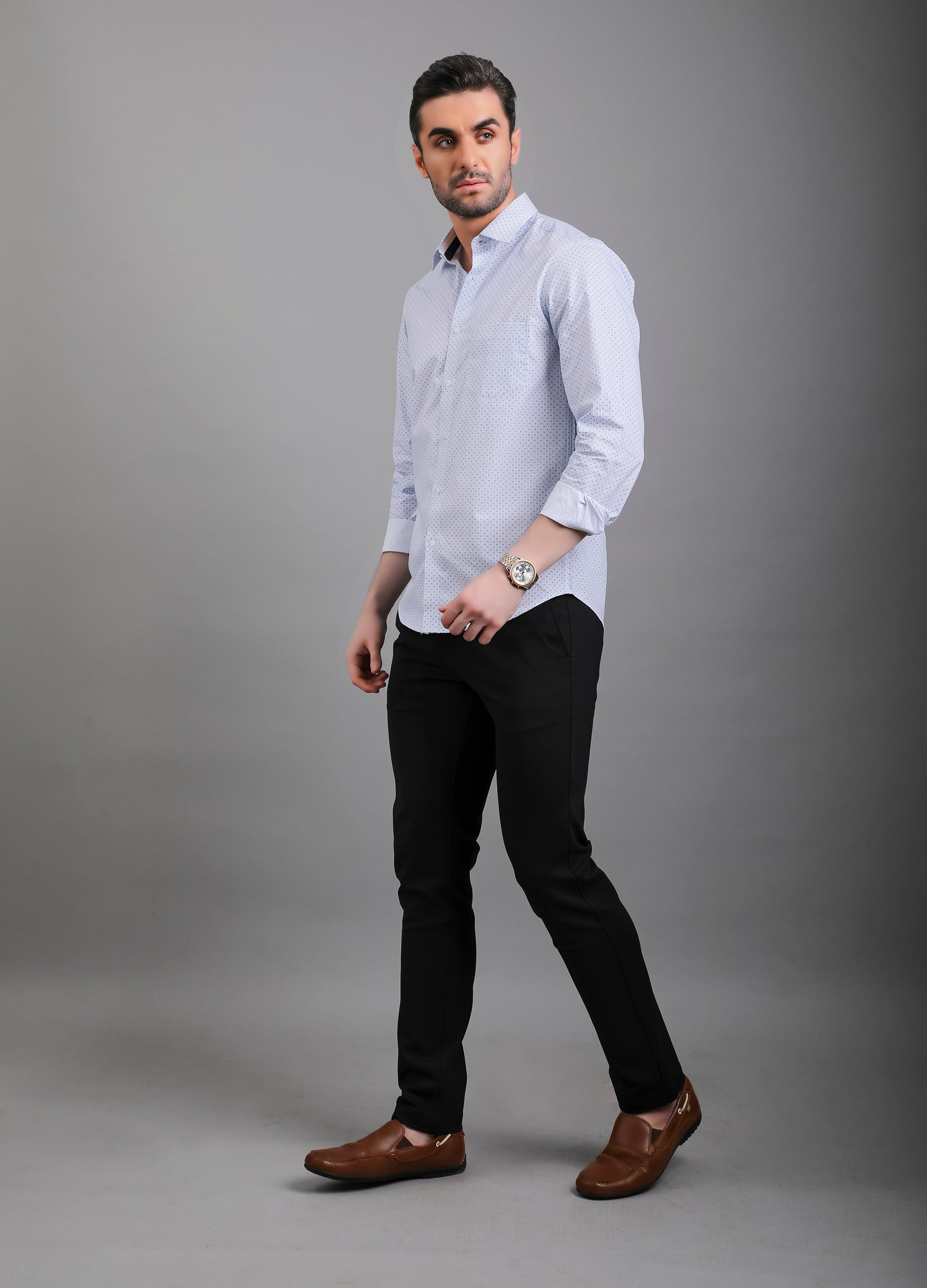 Point Collar Print Stripe Shirt - Uranian Blue