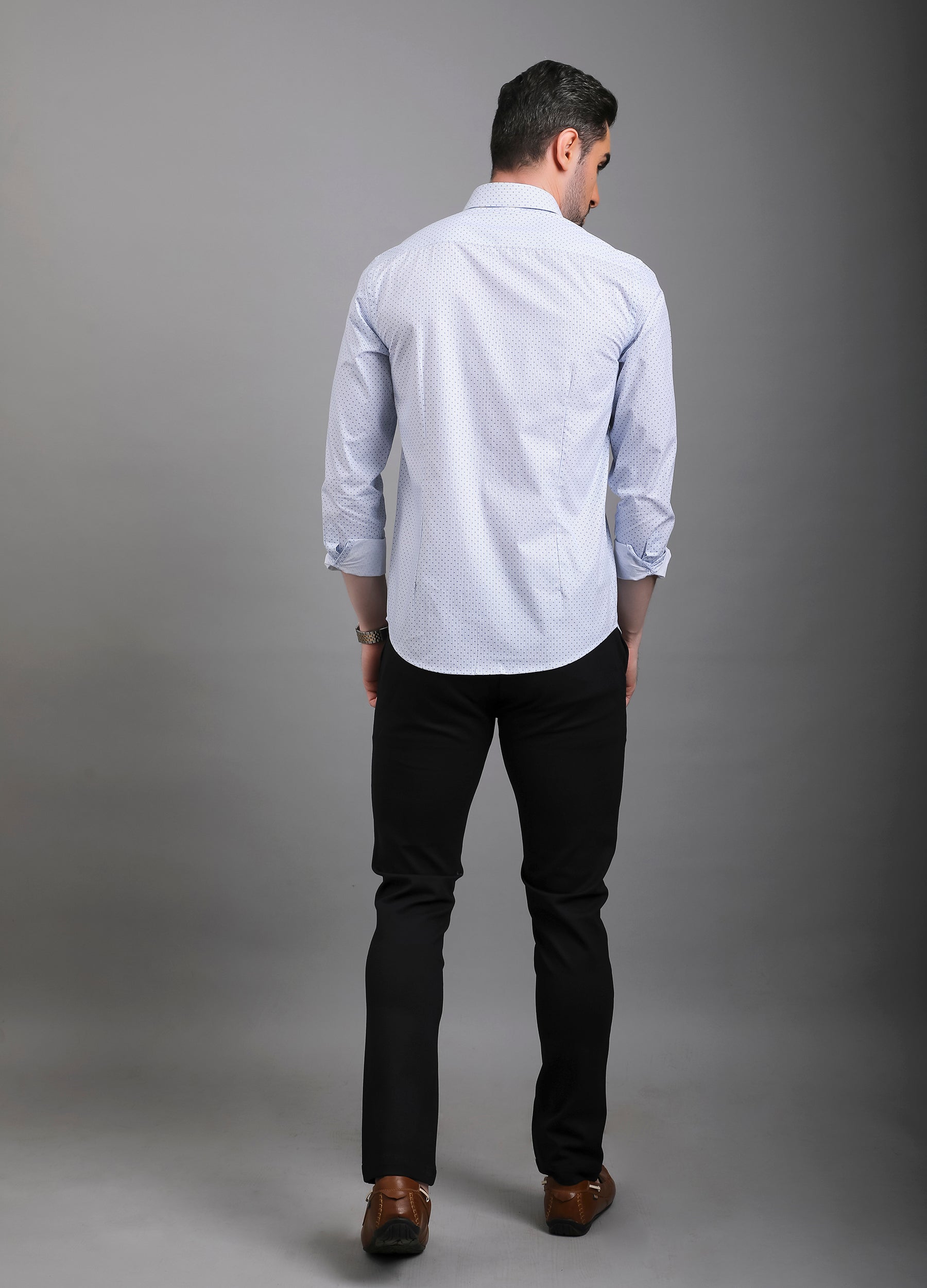 Point Collar Print Stripe Shirt - Uranian Blue