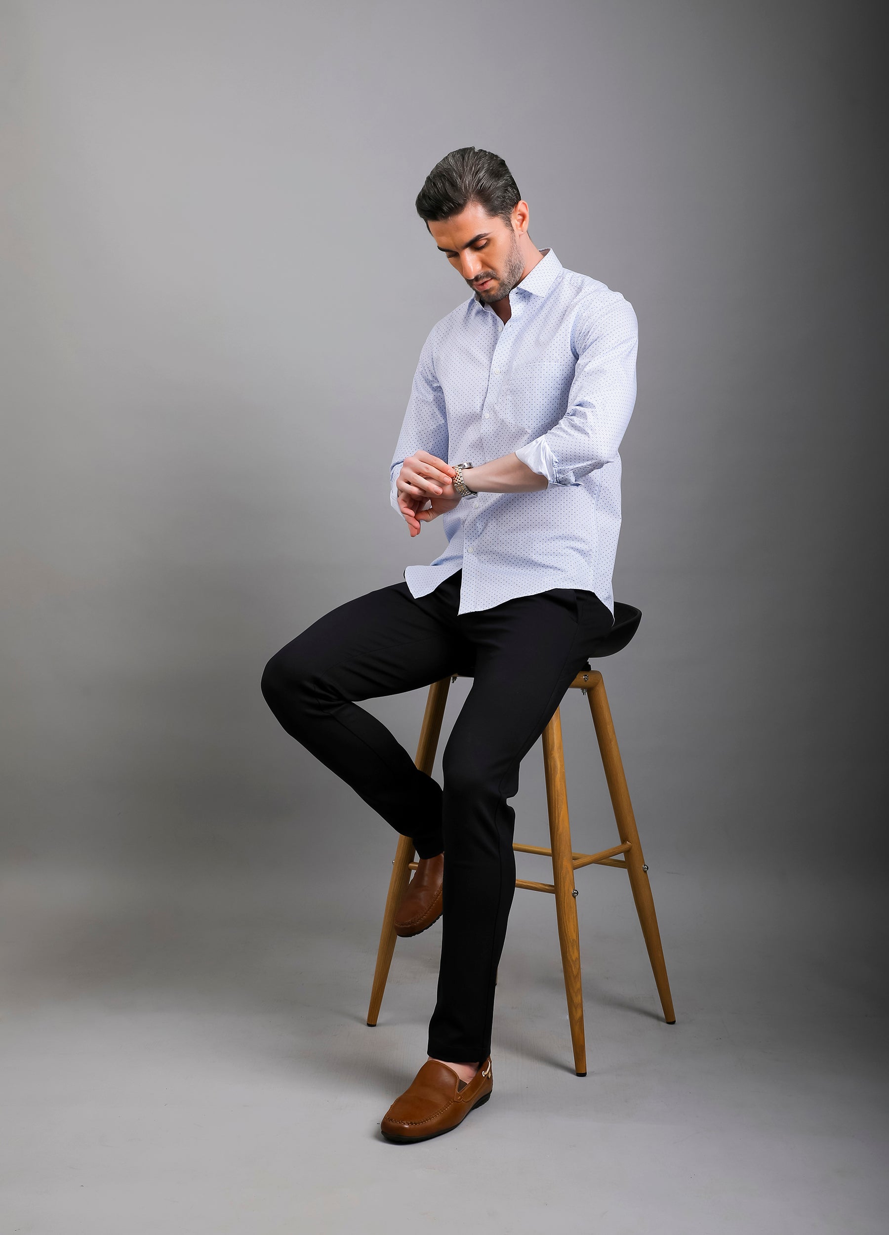 Point Collar Print Stripe Shirt - Uranian Blue