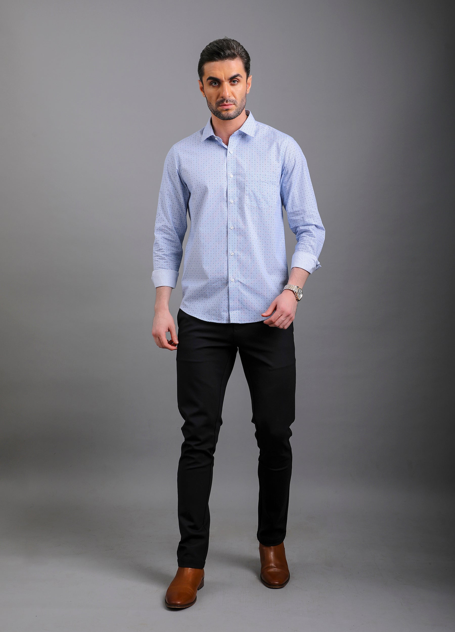 Point Collar Micro Print Stripe Shirt - Cornflower Blue