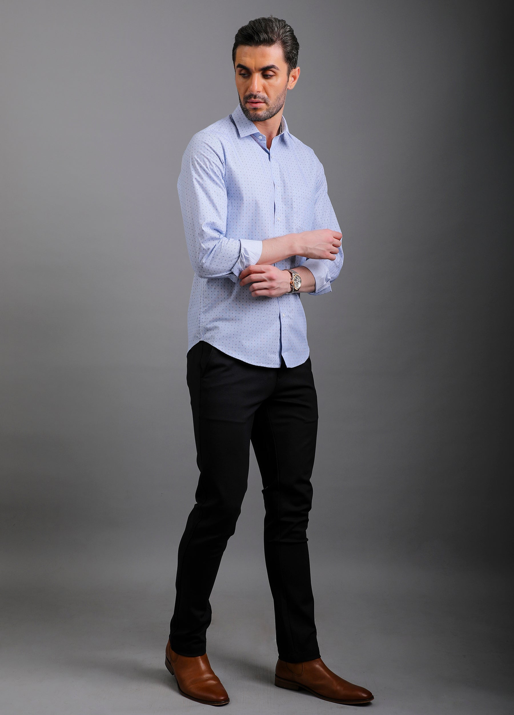 Point Collar Micro Print Stripe Shirt - Cornflower Blue