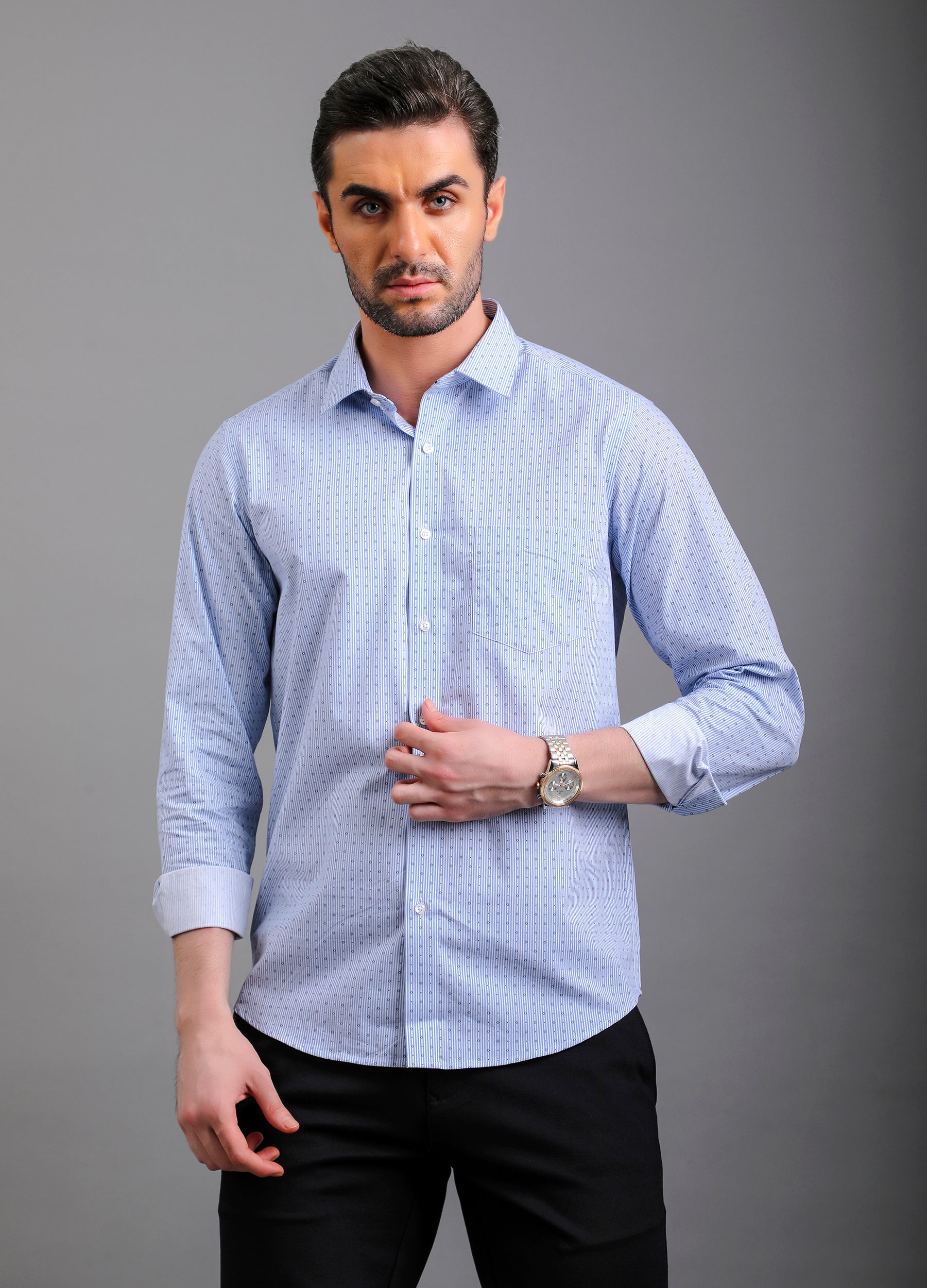 Point Collar Micro Print Stripe Shirt - Cornflower Blue