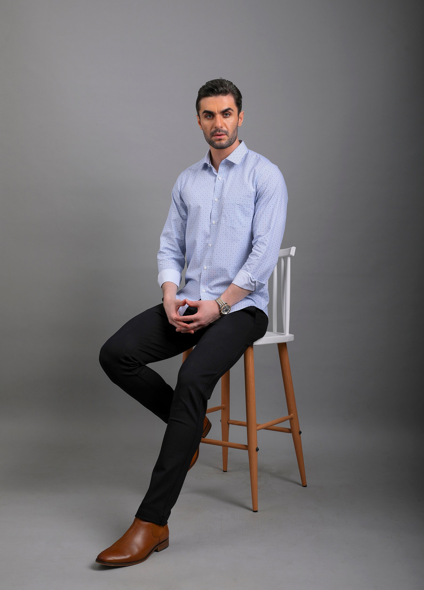 Point Collar Micro Print Stripe Shirt - Cornflower Blue