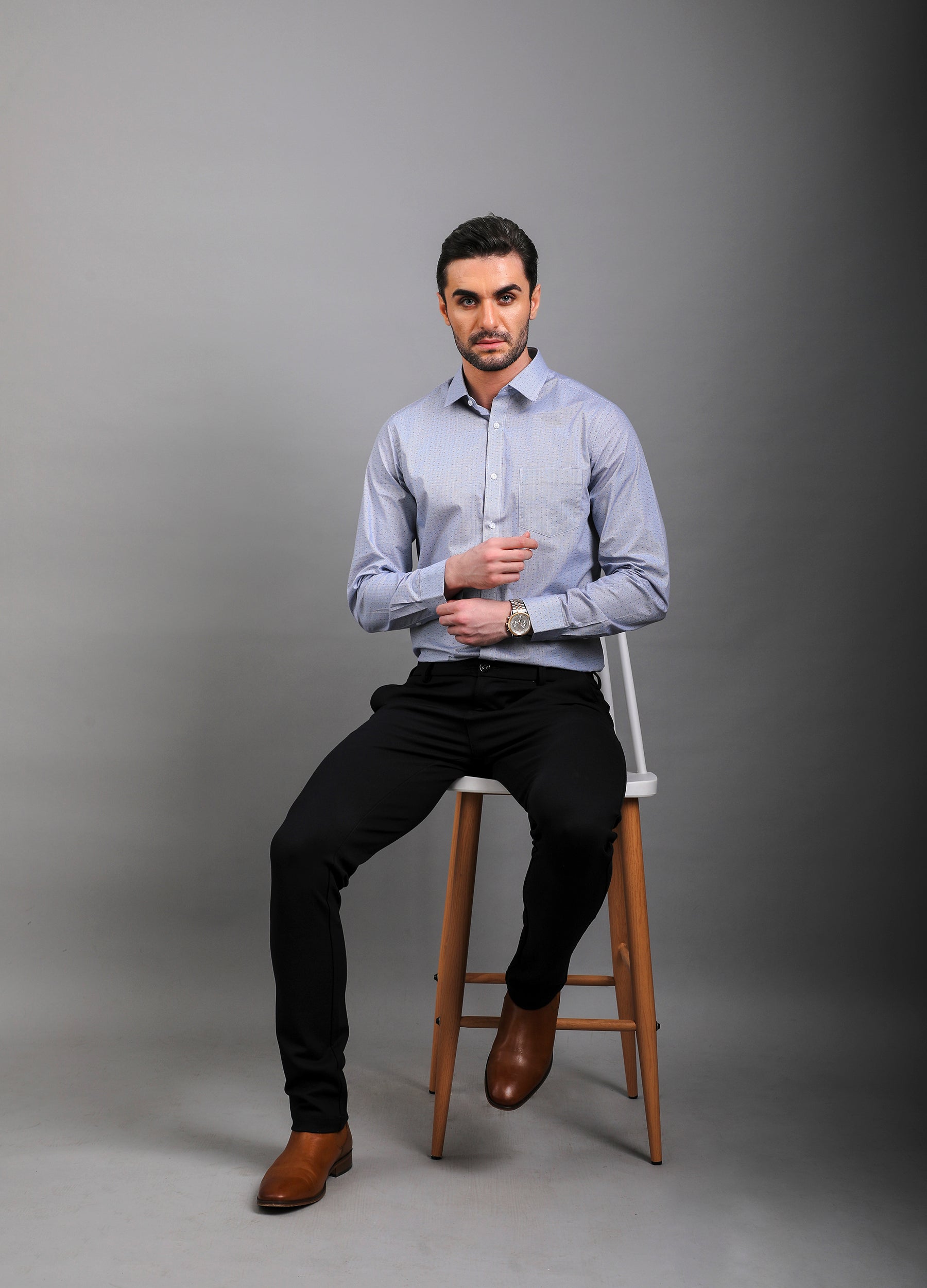 Point Collar Micro Checks Shirt - Blue Yonder