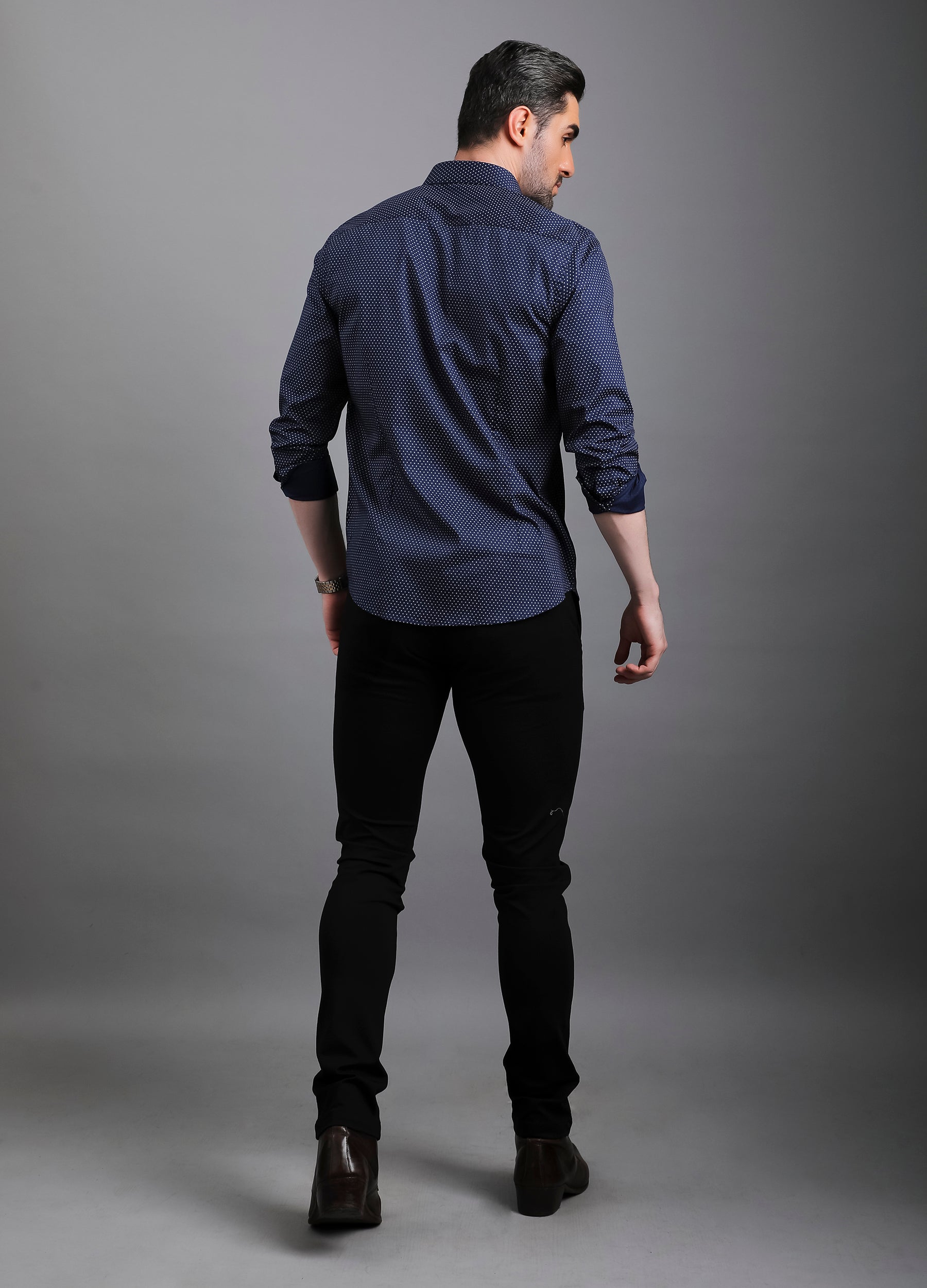 Point Collar Twill Small Motif Print Shirt - Indigo Blue
