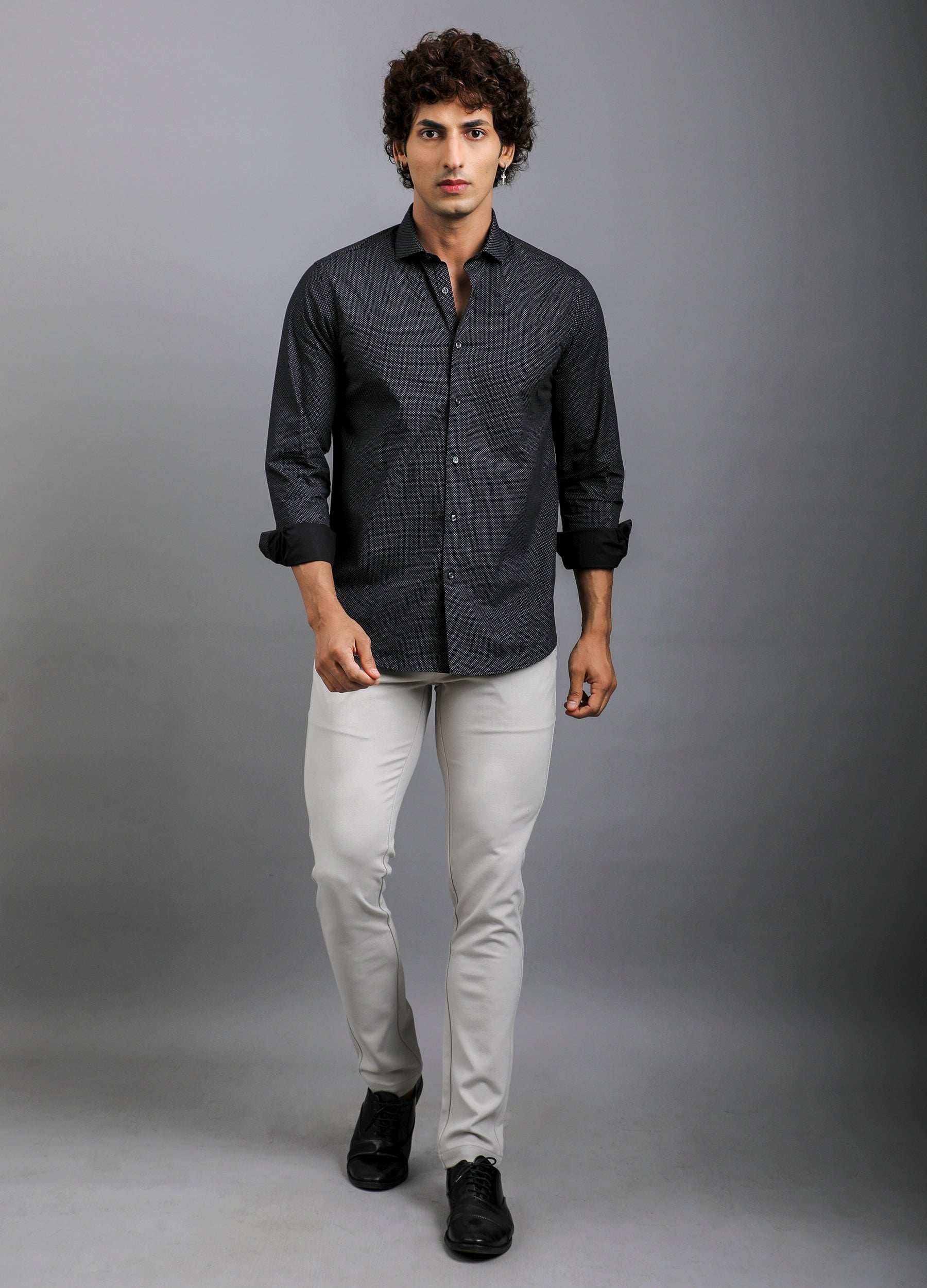 Point Collar Micro Print Shirt - Black