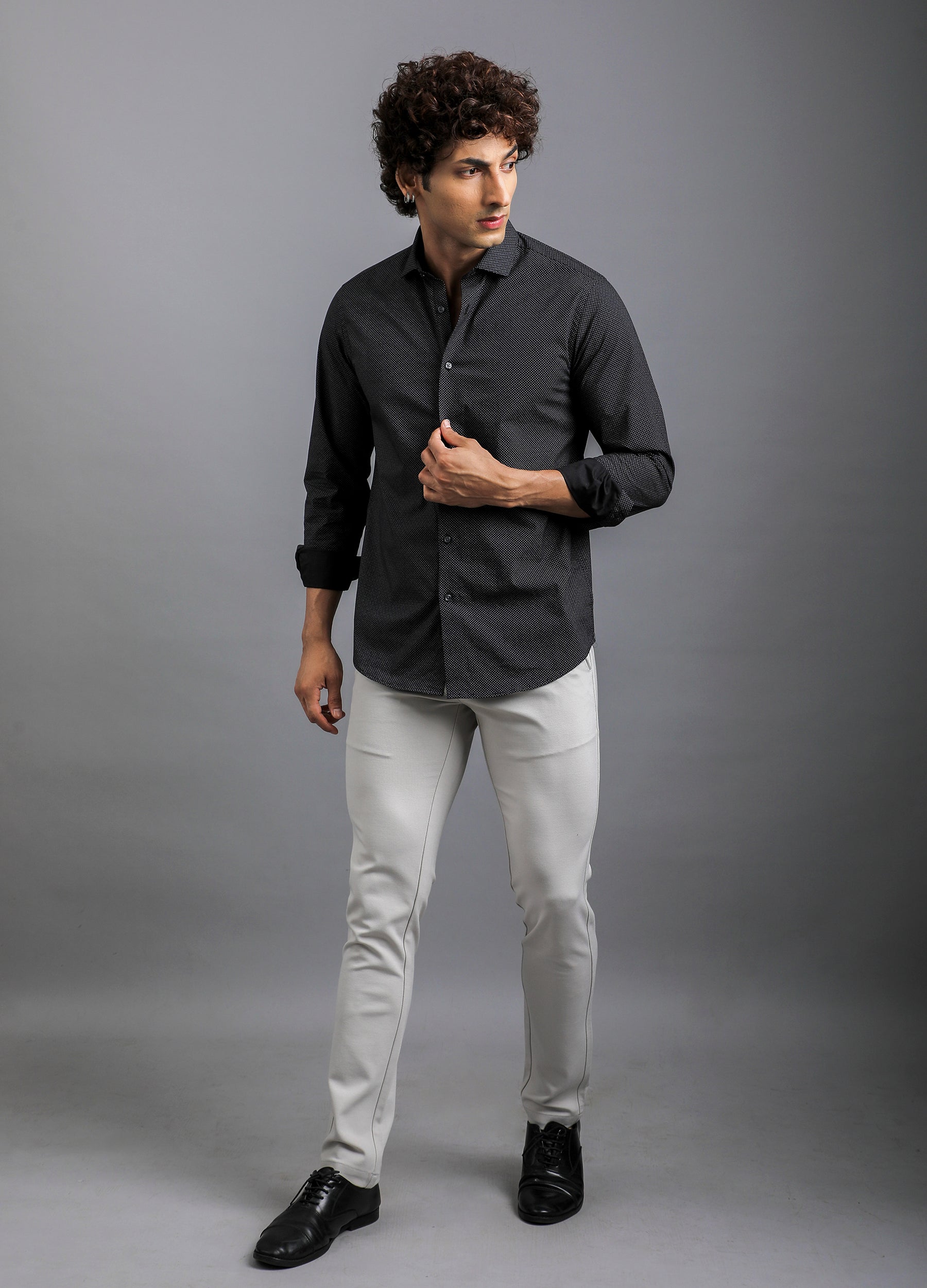 Point Collar Micro Print Shirt - Black