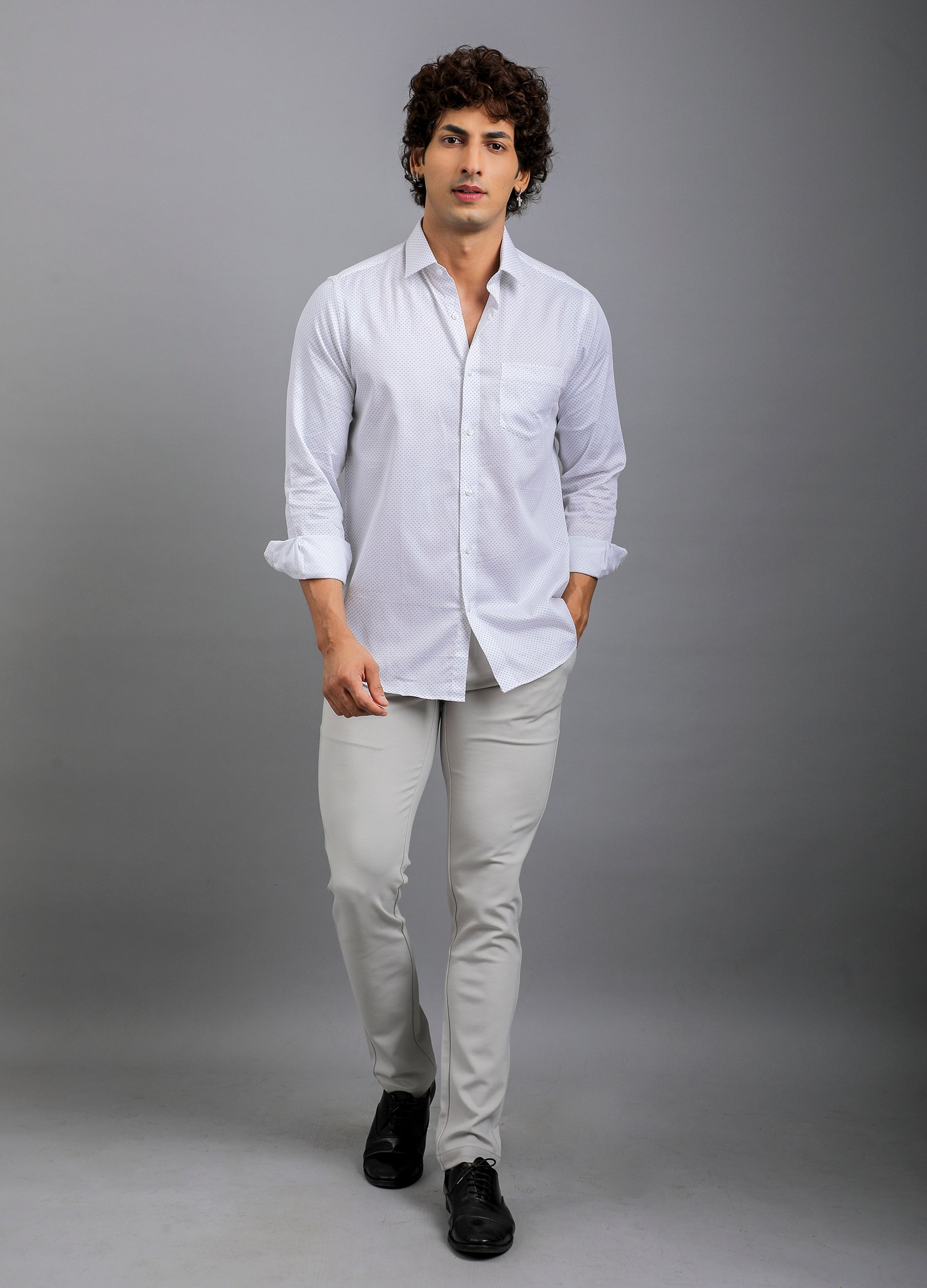 Point Collar Structured Dobby Print Shirt - White