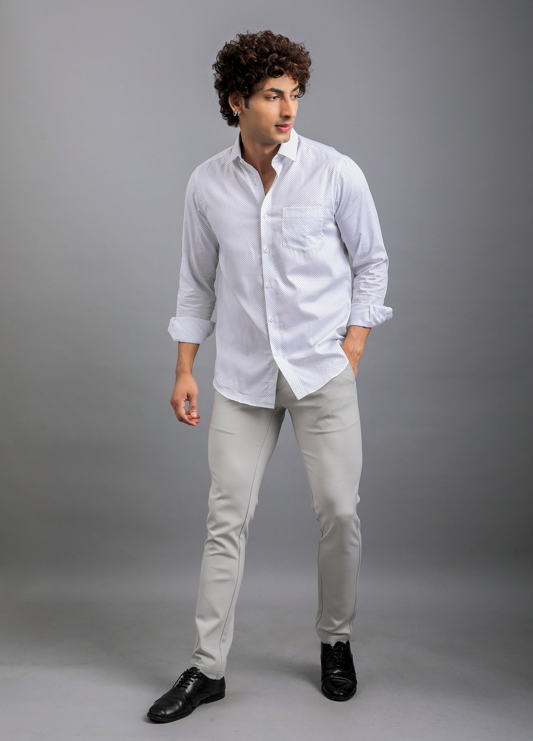 Point Collar Structured Dobby Print Shirt - White