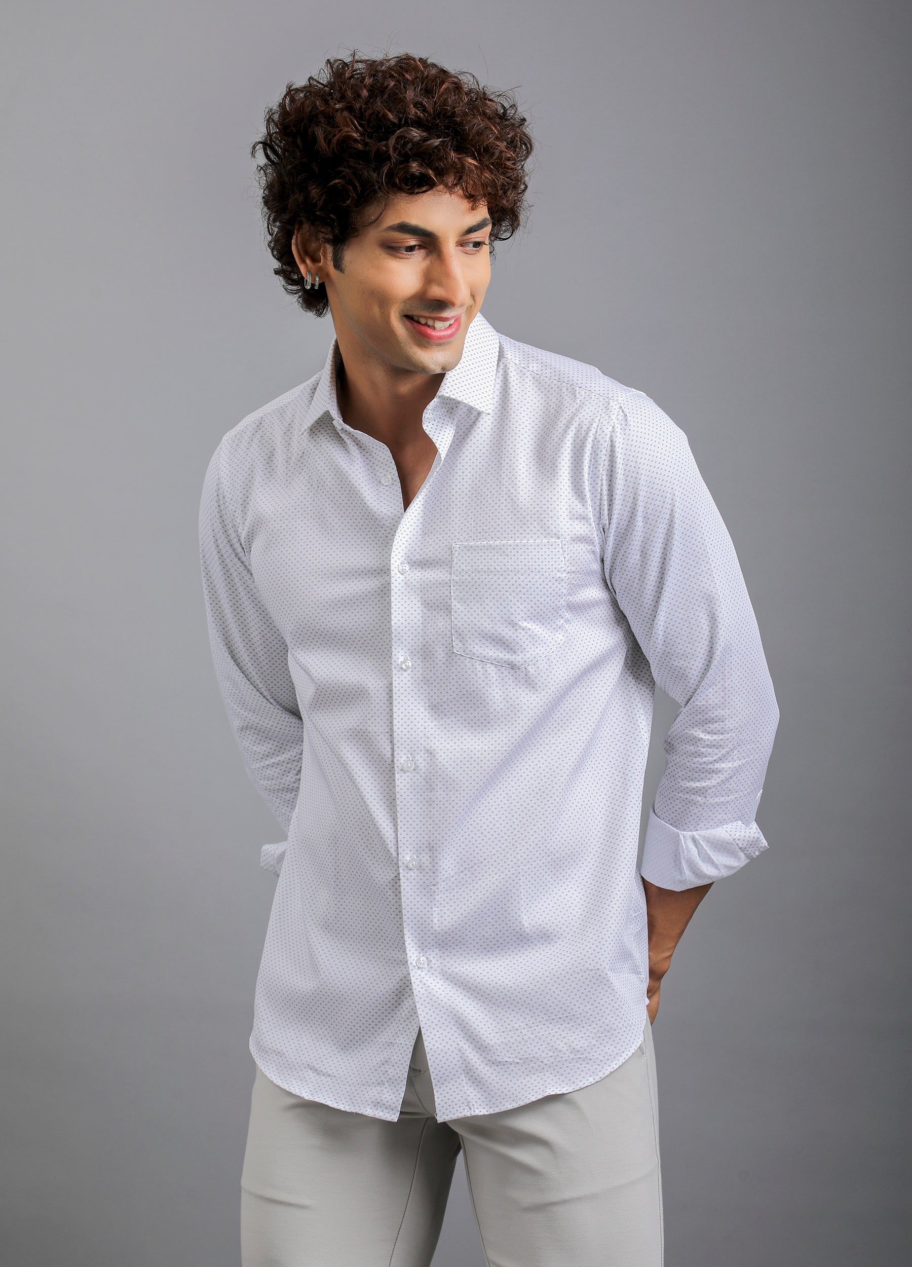 Point Collar Structured Dobby Print Shirt - White