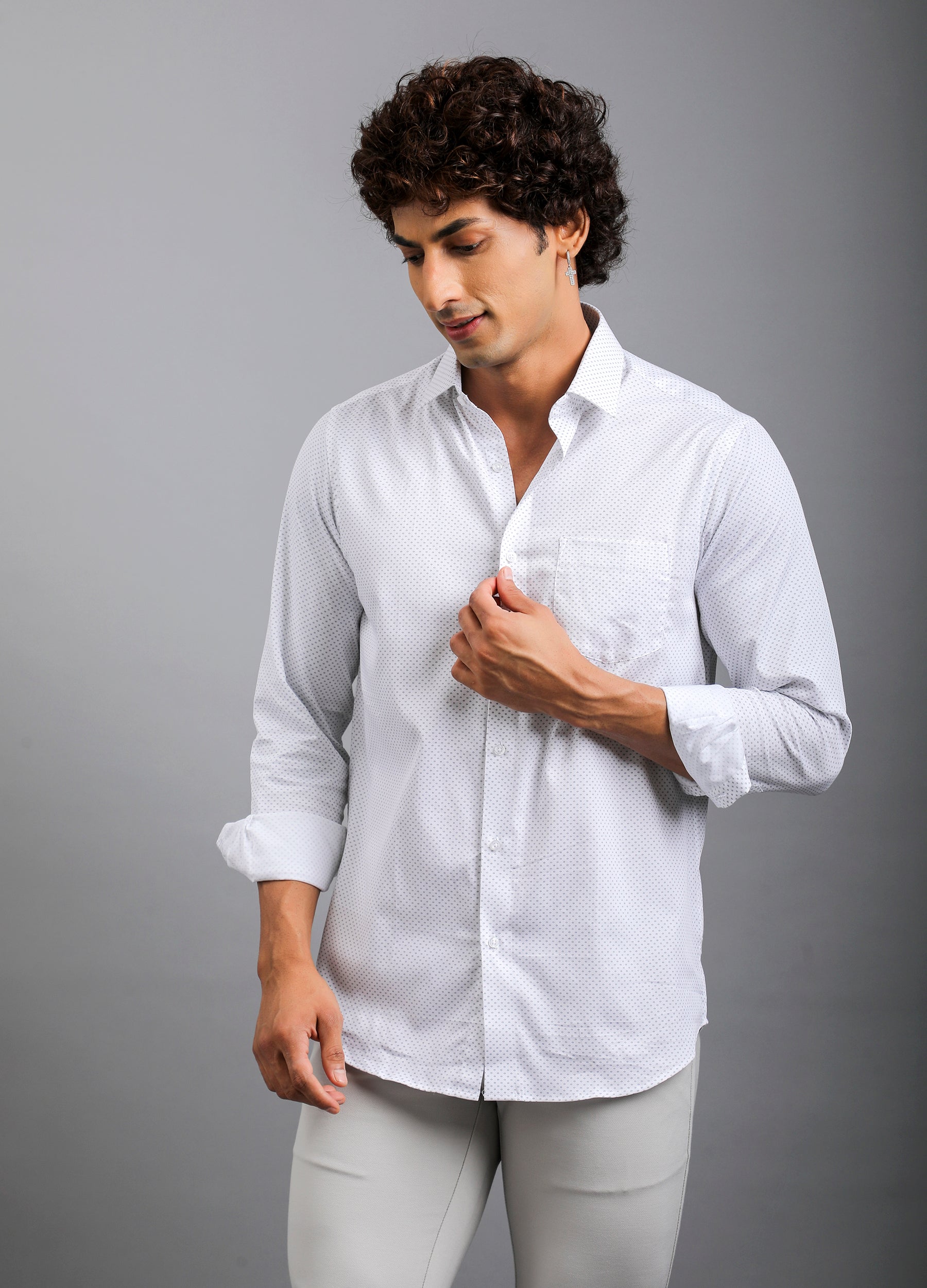 Point Collar Structured Dobby Print Shirt - White